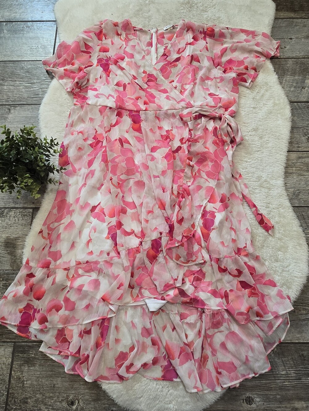Calvin Klein Pink Floral Chiffon Faux Wrap High-Low Cottagecore Ruffle Dress 24W